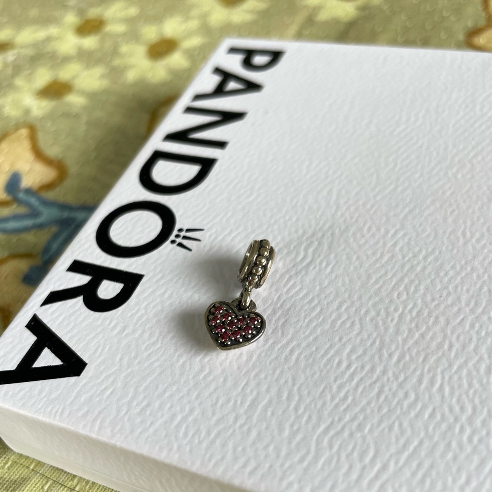 Pandora Charm Sterling Silver Heart Dangle Bead with Red Pave Zirconia *Retired*